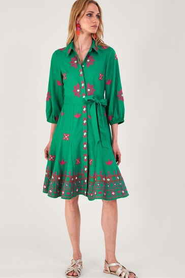 Monsoon Green Embroidered Shirt Dress in Linen Blend