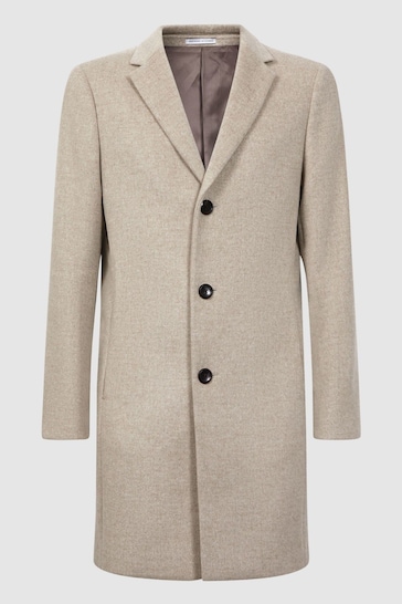 Reiss Stone Melange Gable Wool Blend Single Breasted Epsom Overcoat
