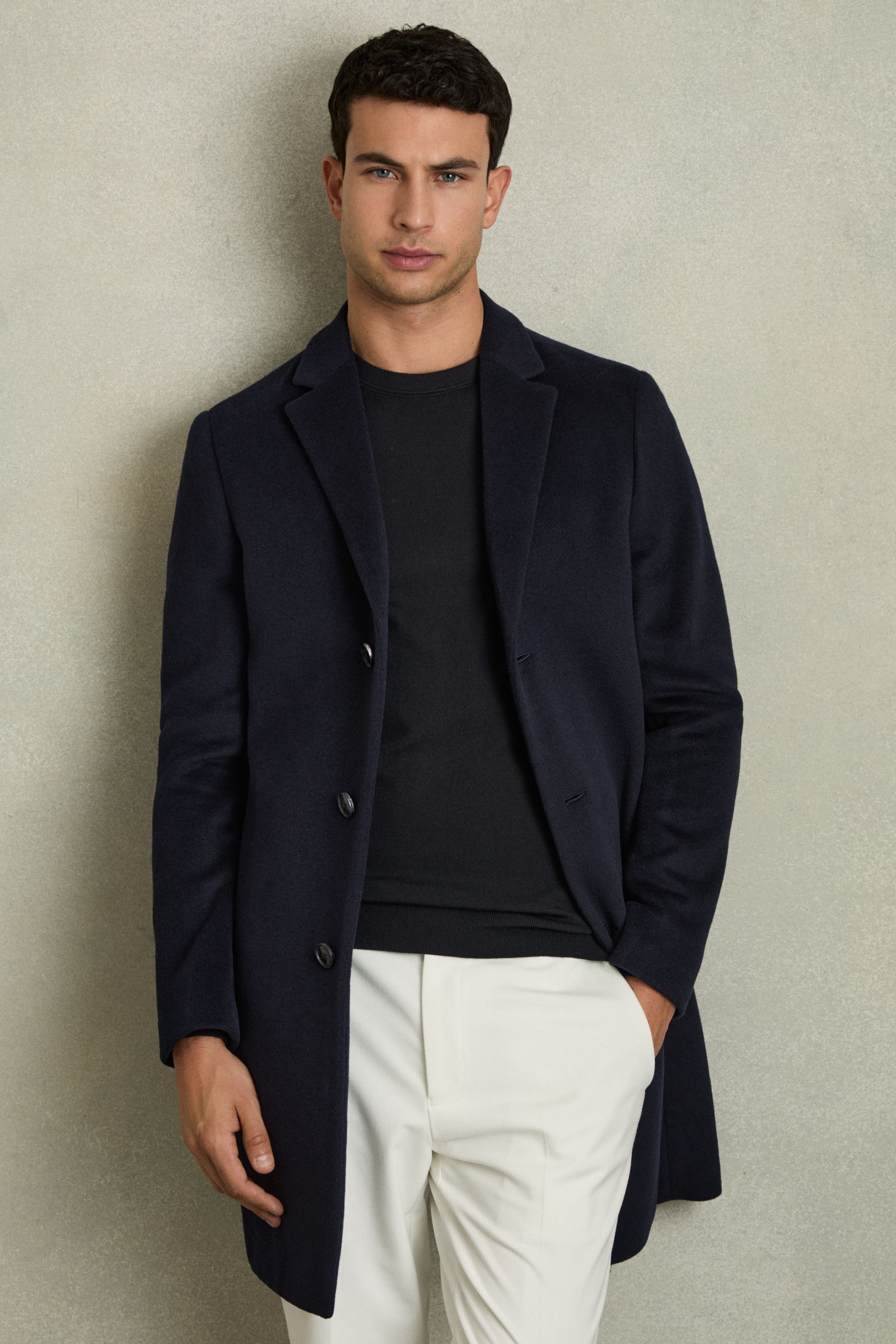 Reiss Navy Gable Wool Blend Single Breasted Epsom Overcoat