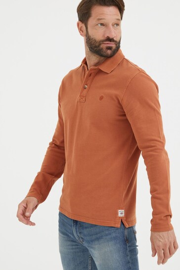 FatFace Orange Long Sleeve Organic Pique Polo Shirt