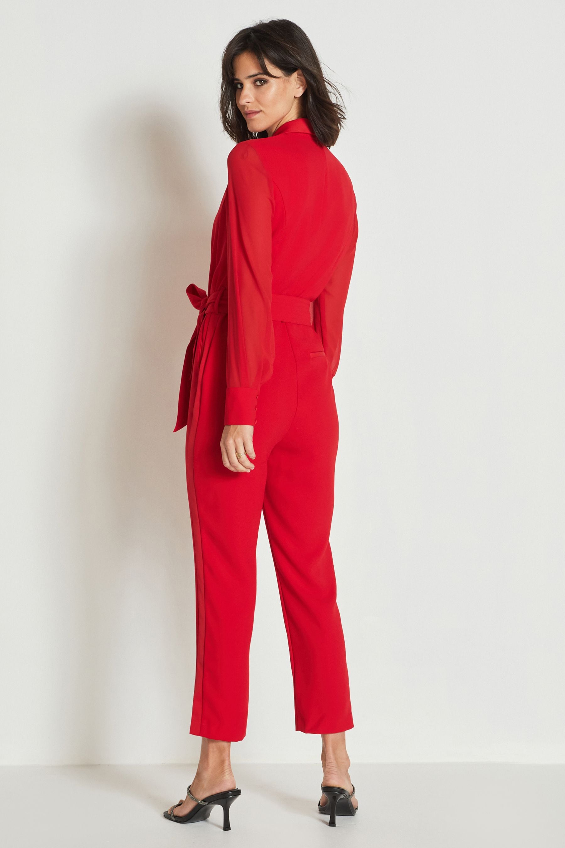 Red Sheer Sleeve Tuxedo Jumpsuit