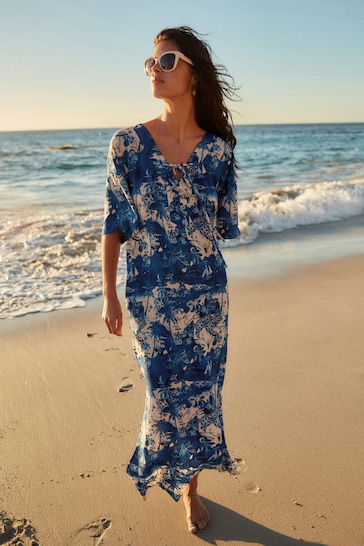 Blue/White Summer Maxi Kaftan Dress