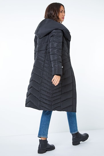 Roman Black Hooded Chevron Quilted Coat