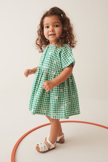 Green Embroidered Daisy Relaxed Cotton Dress (3mths-8yrs)