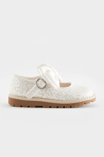 White Glitter Bow Mary Jane Bow Shoes