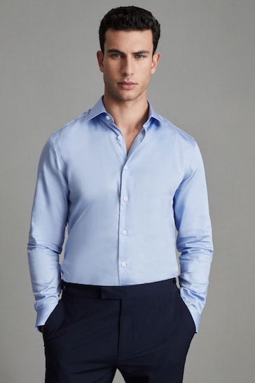 Reiss Mid Blue Remote Reg Cotton Satin Cutaway Collar Shirt