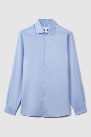 Reiss Mid Blue Remote Reg Cotton Satin Cutaway Collar Shirt
