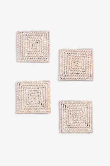 French Connection White Rattan Hand Woven Set of 4 Coasters