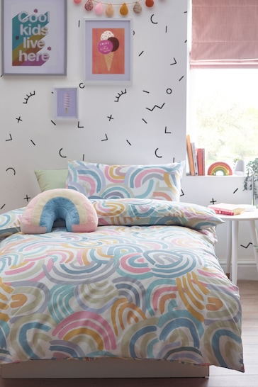 Teal Blue Abstract Rainbow Printed Polycotton Duvet Cover and Pillowcase Bedding