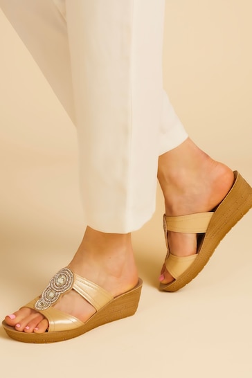 Pavers Gold Embellished Wedge Sandals