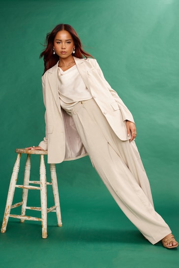 Another Sunday Linen Look Cargo Trousers With Wide Leg In Stone
