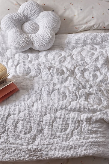 White Textured Cotton Quilted Daisy Throw