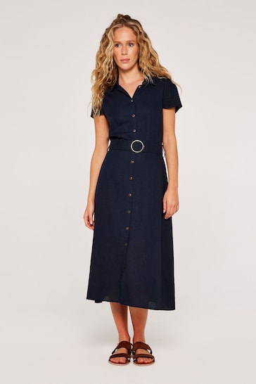 Apricot Navy Blue Vintage Tortoiseshell Button Dress with a Touch of Linen