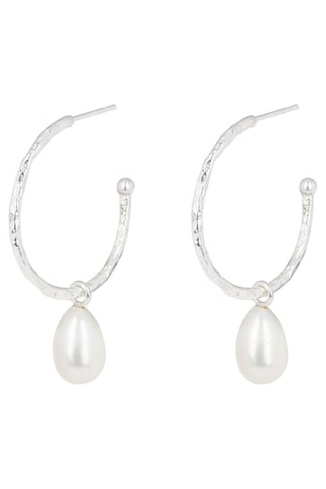 Oliver Bonas Silver Maya Pearl Charm Drop Silver Hoop Earrings
