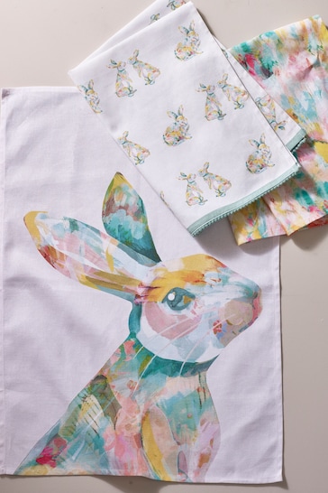 Set of 3 Yellow Bright Bunny Rabbit Tea Towels