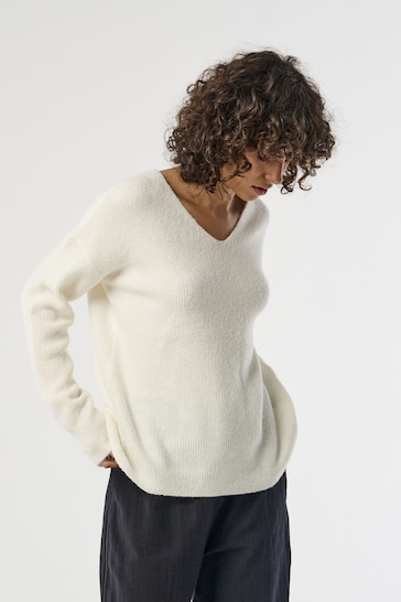 ONLY White V-Neck Puff Sleeve Knitted Jumper