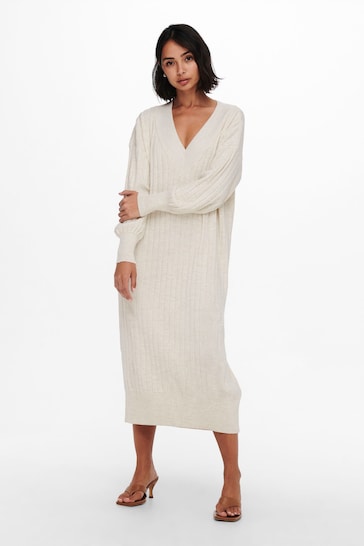 ONLY Cream V-Neck Midi Knitted Jumper Dress