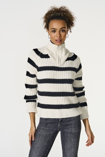 ONLY Cream Stripe Quarter Zip Knitted Jumper with Wool Blend