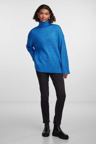 PIECES Blue Roll Neck Oversized Longline Knitted Jumper