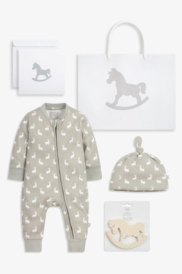 The Little Tailor Grey Easter Bunny Print Luxury 3 Piece Baby Gift Set; Sleepsuit, Hat and Rubber Teether Toy