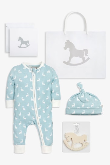 The Little Tailor Blue Easter Bunny Print Luxury 3 Piece Baby Gift Set; Sleepsuit, Hat and Rubber Teether Toy