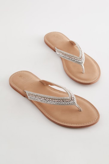 Silver Regular/Wide Fit Forever Comfort® Leather Embellished Toe Thong Sandals