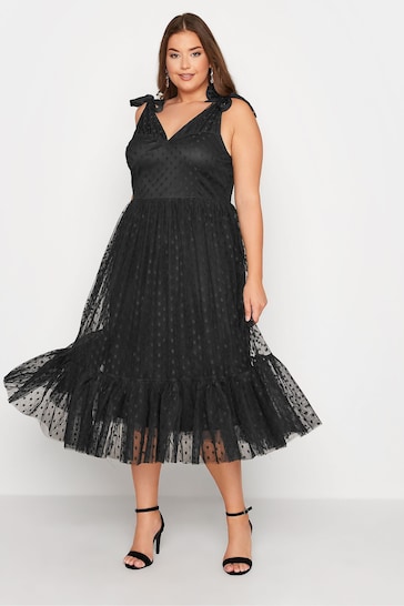 Yours Curve Black London Spot Mesh Tiered Dress