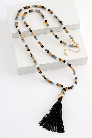 Black Tassel Long Beaded Necklace