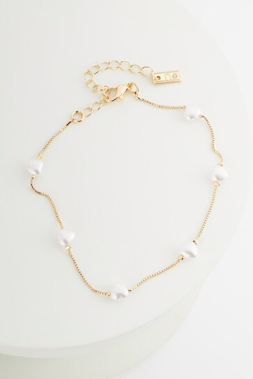 Gold Tone Heart Pearl Anklet