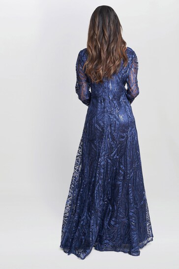 Gina Bacconi Blue Isabel Maxi Embroidered A-Line Dress With Illusion Neckline