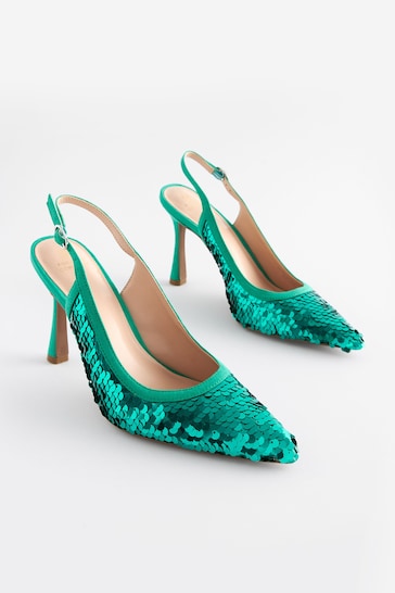 Aqua Blue Forever Comfort® Sequin Point Toe Slingback Heels