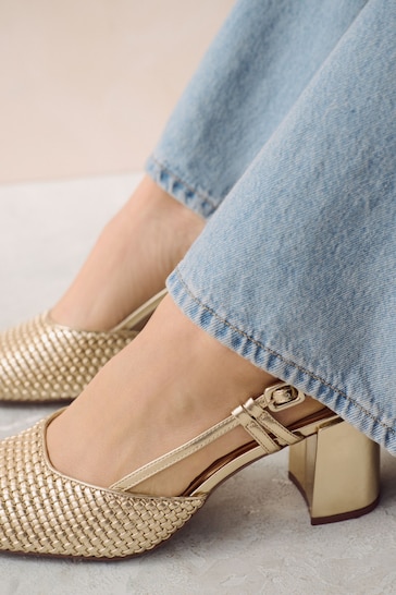 Gold Forever Comfort® Square Toe Weave Slingback Block Heel Shoes