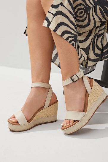 Bone Forever Comfort Leather Whipstitch Detail Espadrille Wedges