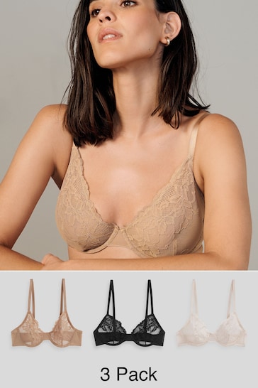 Black/Nude/Cream Non Pad Full Cup Lace Bras 3 Pack