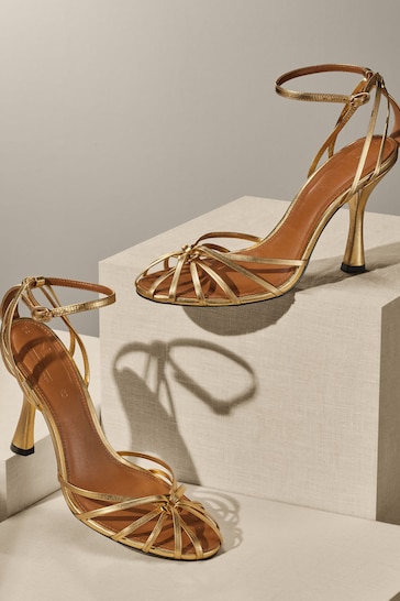 Gold Premium Leather Cage Heeled Sandals