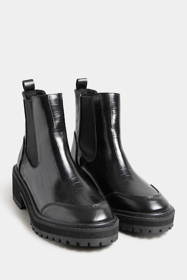 Long Tall Sally Black Chunky Chelsea Croc Effect Boots