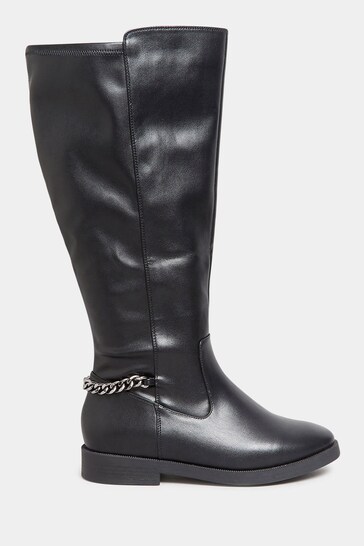 Yours Curve Black Wide Fit Chain Detail Stretch Knee PU Boots