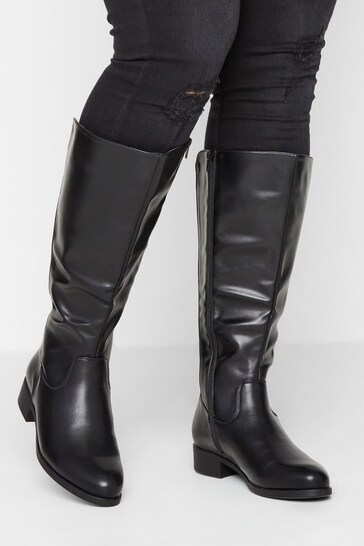 Yours Curve Black Wide Fit Wide Fit Stretch Knee PU Boot