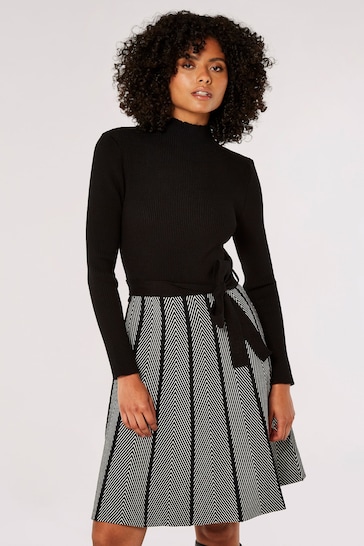 Apricot Black Chevron Skirt Tie Waist Knit monogram Dress