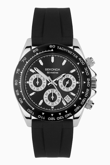 Sekonda Mens Circuit 39mm Analogue Black Watch With Silver Case And Silicone Strap With Dial