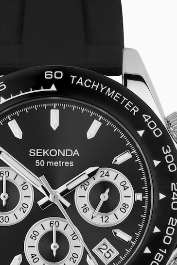 Sekonda Mens Circuit 39mm Analogue Black Watch With Silver Case And Silicone Strap With Dial