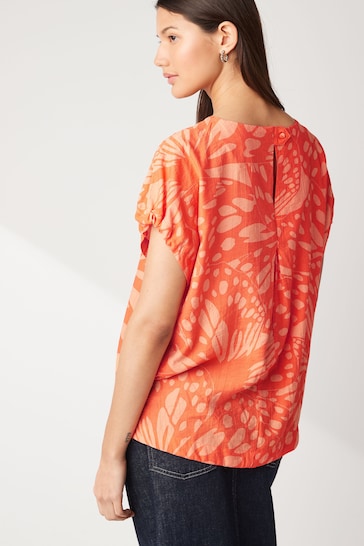 Orange Butterfly Print Gathered Short Sleeve Textured Boxy T-Shirt