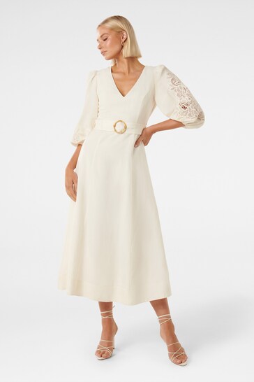 Forever New White Delphi Lace Trim Midi Dress with Linen