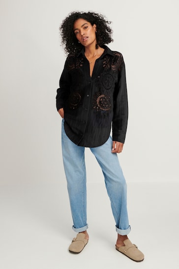 Black Long Sleeve Crochet Insert Shirt