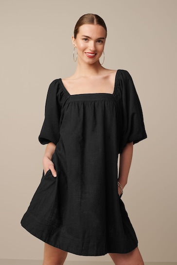 Black Linen Blend Puff Sleeve Mini Dress