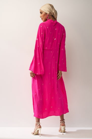 Bright Pink Long Sleeve Embellished Scarf Maxi Dress