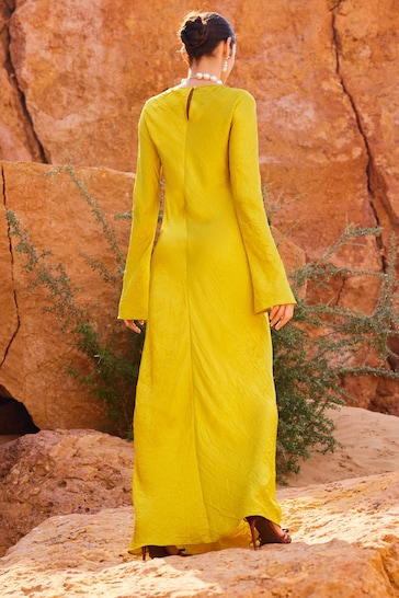 Ochre Yellow Maxi Long Sleeve Metallic Column Dress