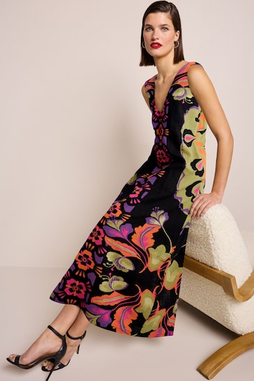 Multi Floral Print Linen Blend V-Neck Midi Dress