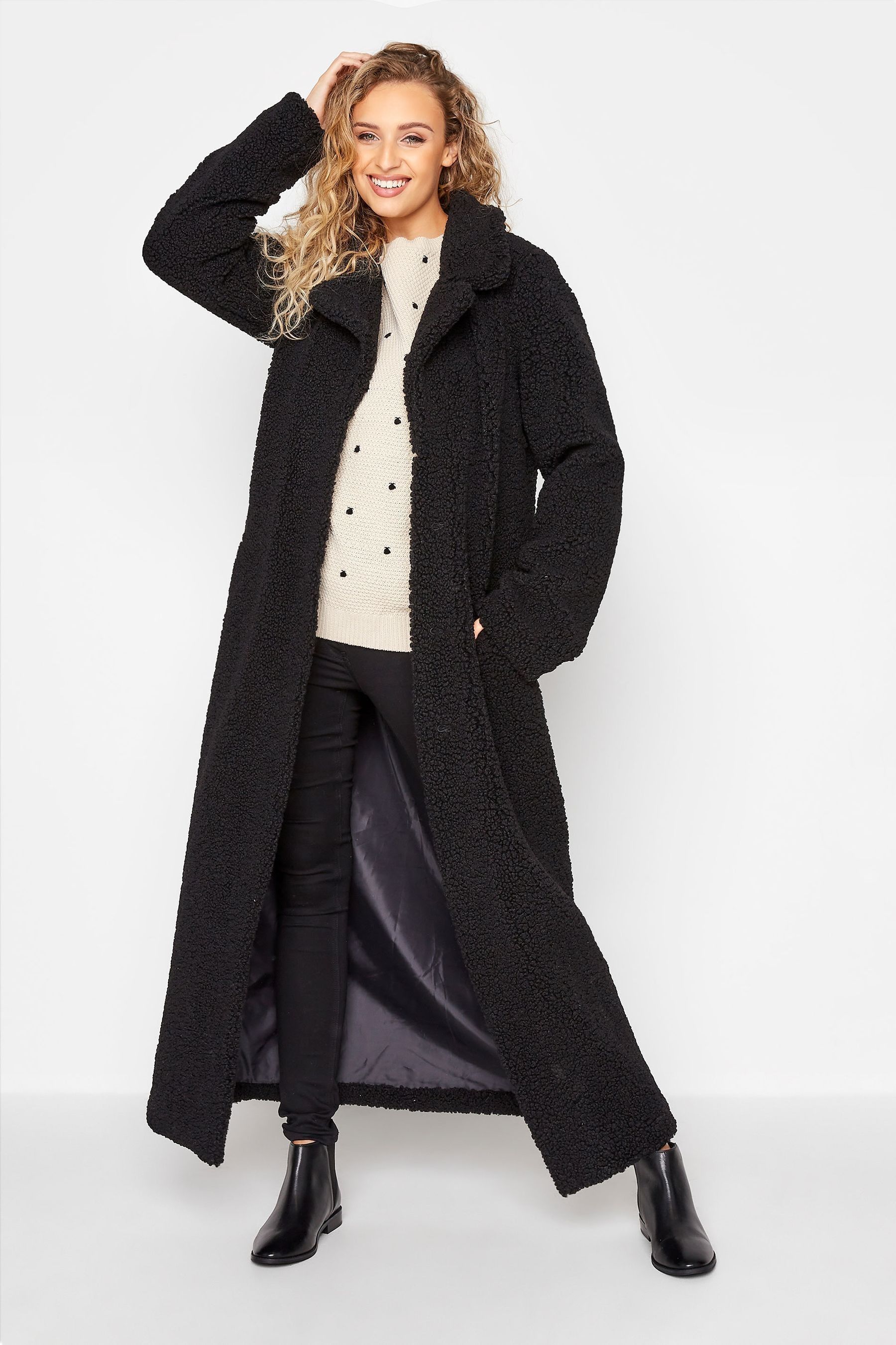 Black mid sales length teddy coat