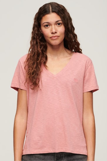 Superdry Dusty Rose Pink Slub Embroidered V-Neck T-Shirt